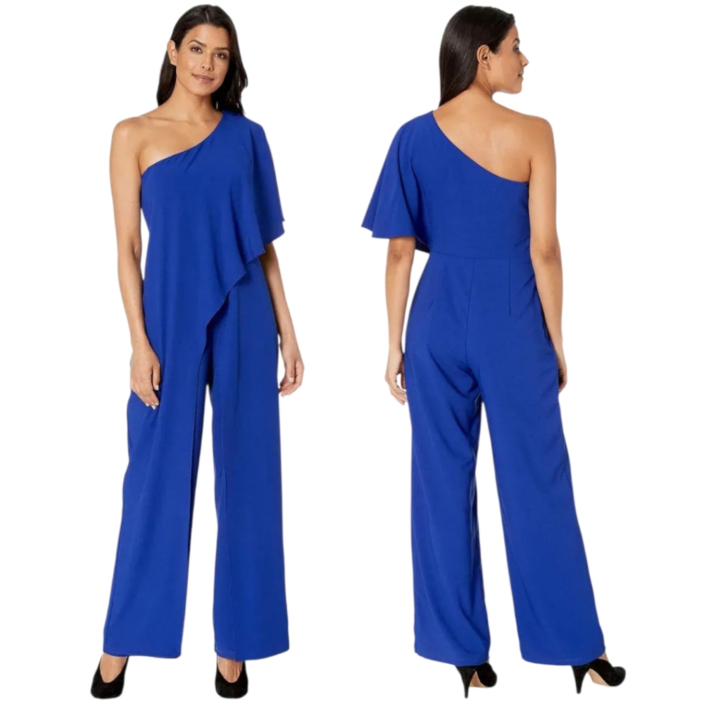 MARINA | Cobalt Blue One Shoulder Cascading Ruffle Wide Legged Jumpsuit Size 14